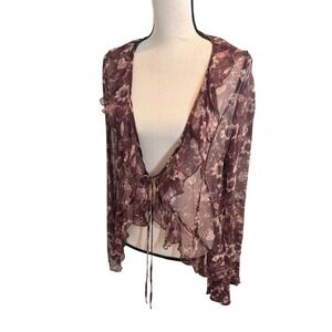 Karen Kane Floral Silk Brown‎ Ruffle Tie Front Top Sheer Large Fairy Grunge